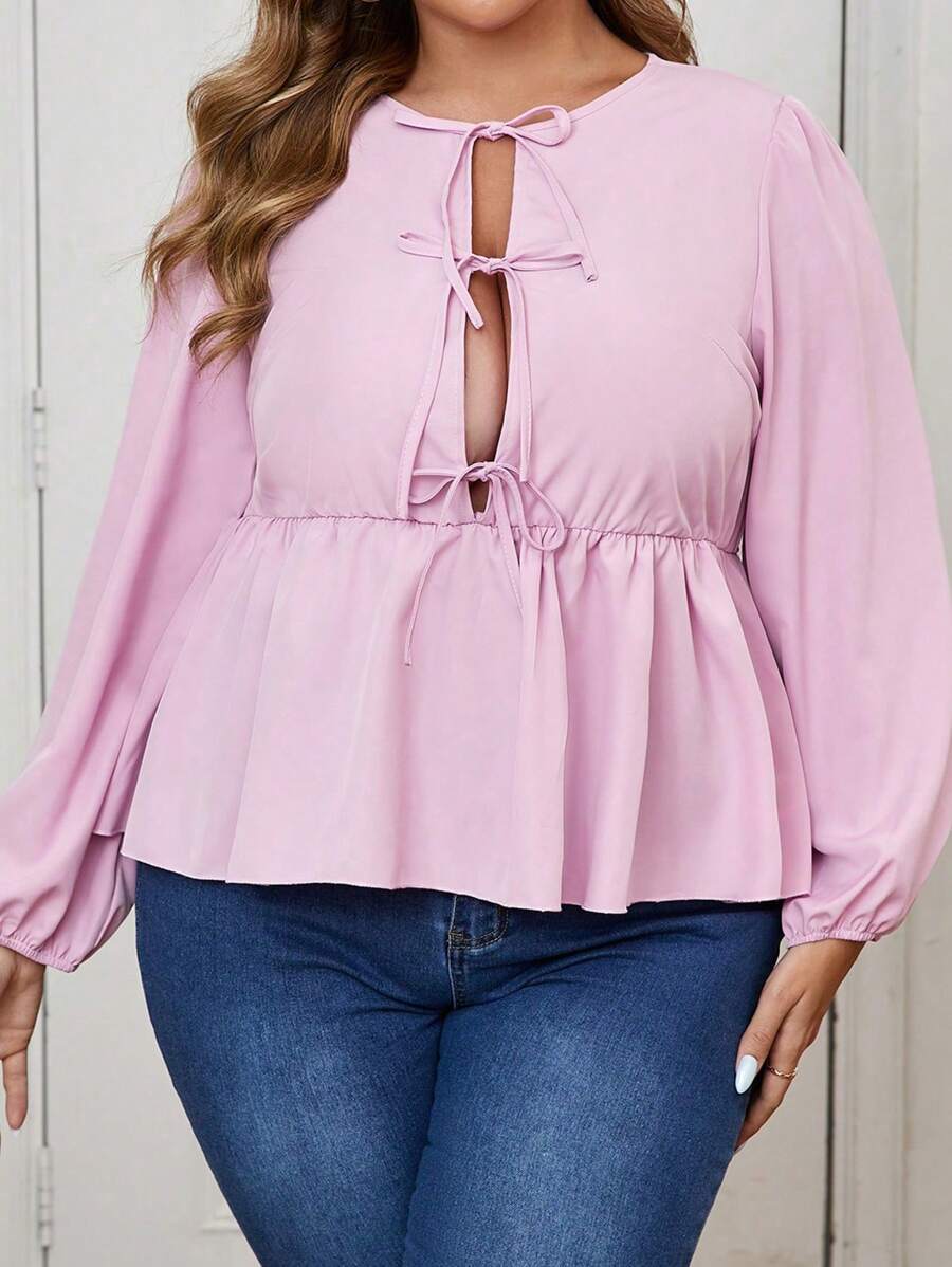 SHEIN Clasi 大码纯色系带领口荷叶边下摆长袖衬衫 - 粉色 - 查看 1