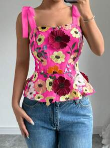 Chiquease 女士夏季花卉贴花装饰肩带荷叶边下摆优雅吊带背心 - 玫紅色 - 查看 1