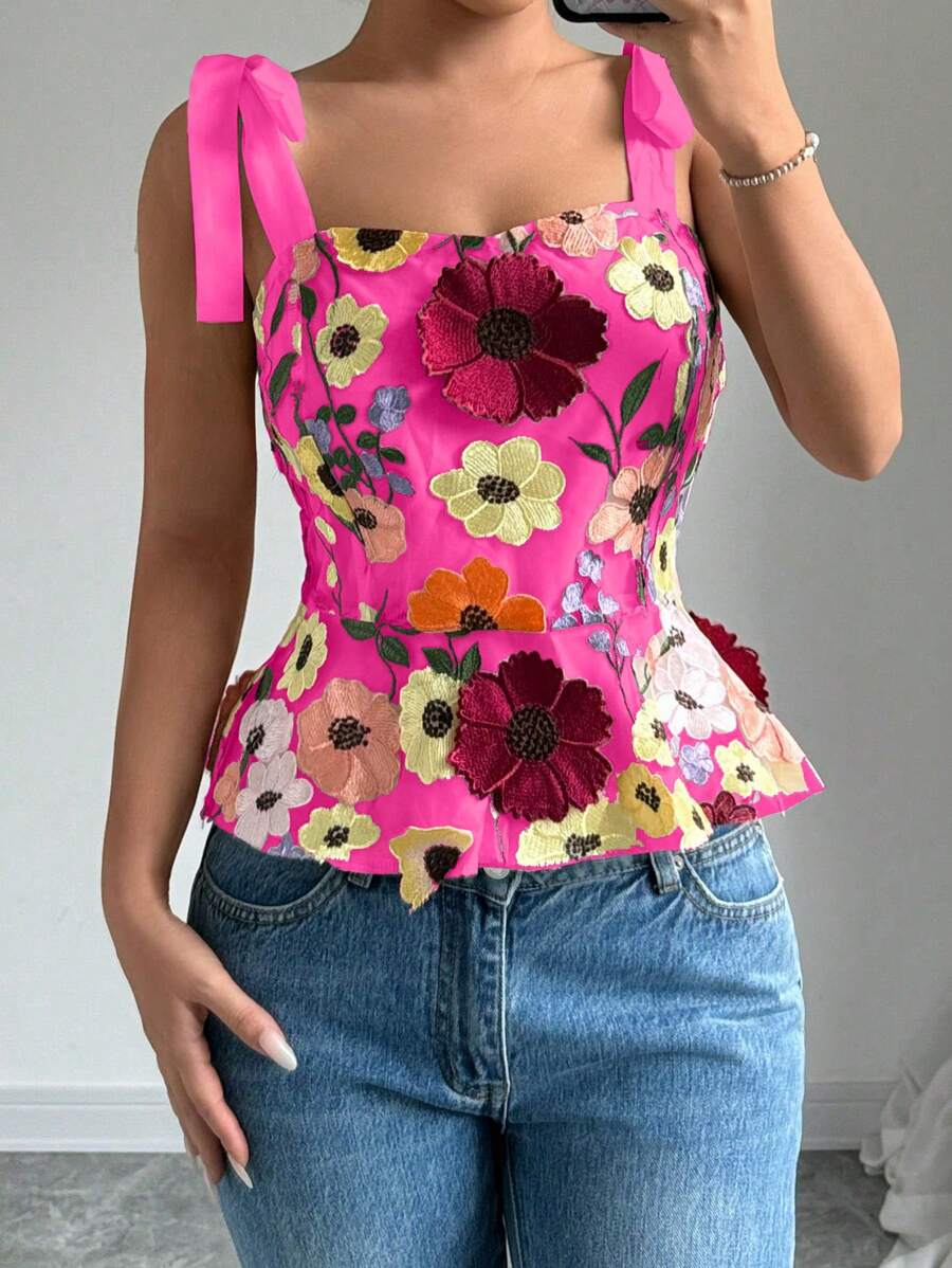 Chiquease 女士夏季花卉贴花装饰肩带荷叶边下摆优雅吊带背心 - 玫紅色 - 查看 1