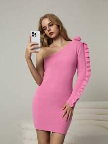Chiquease Women Spring And Autumn Elegant One-Shoulder Floral And Ruffle Hem Sweater Dress Fall Cloth For Women - Pink - View 1