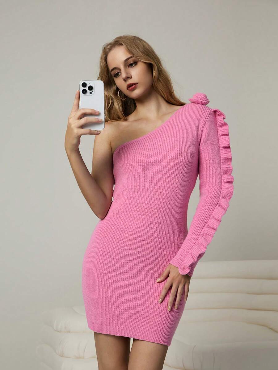 Chiquease Women Spring And Autumn Elegant One-Shoulder Floral And Ruffle Hem Sweater Dress Fall Cloth For Women - Pink - View 1