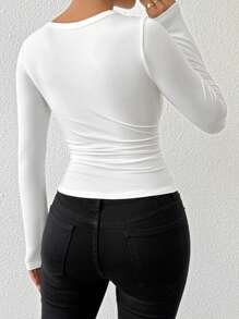 Zielony 女士圆领长袖加厚修身 T 恤，春夏季 T 恤 - 白色 - 查看 2