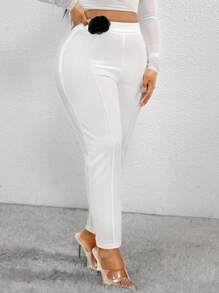 SHEIN SXY Office Siren 秋季纯色装饰长裤，白色 - 白色 - 查看 6