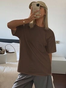 Livesso 女士纯色圆领宽松短袖T恤夏季超大码T恤学院风上衣 - 棕色 - 查看 3