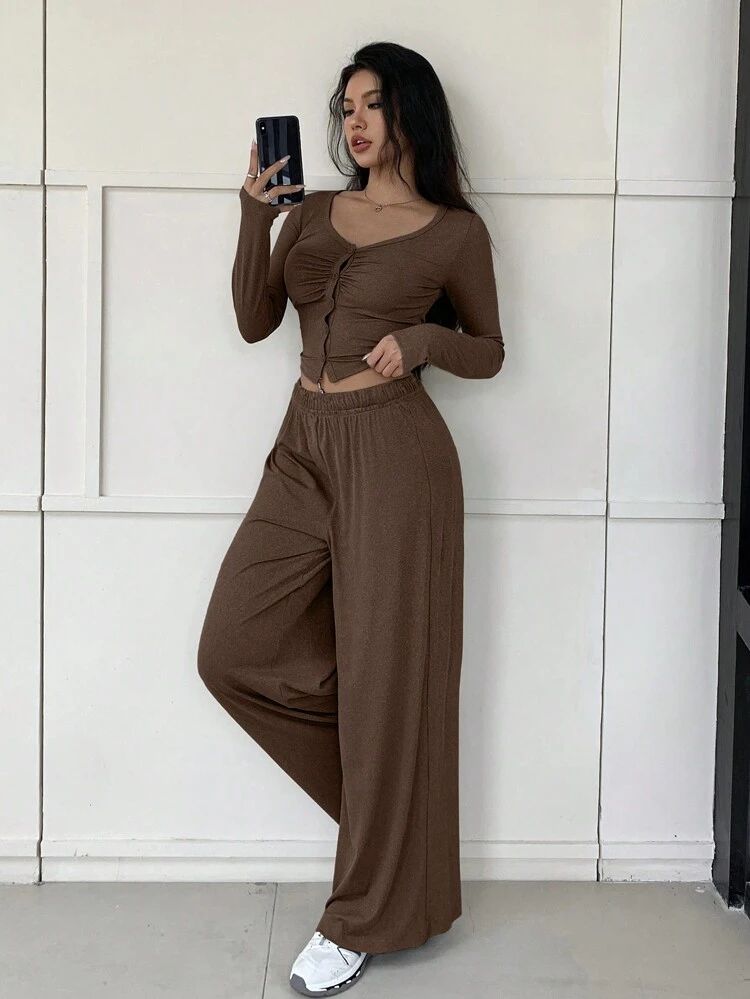 2pcs Women's Ruched Slim Fit Long Sleeve Blouse And Straight Loose Fit Pants Set,Fall Clothes Lounge Sets For Women