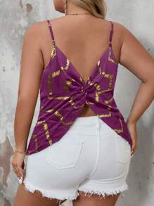 SHEIN Clasi Camiseta de talla grande con espalda anudada y estampado de lámina de oro - Rojo violeta - Ver 1