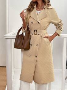 Double-Breasted Belted Long Sleeve Casual Midi Khaki Textured Fabric Trench Coat Spring/Autumn/Winter Fall Cloth For Women