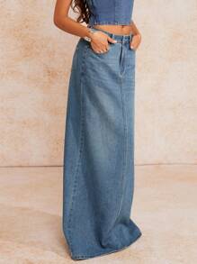 Forever 21 夏季、秋季和冬季女士蓝色水洗宽松/高腰/ A 字形/ Y2k/女士下装/高腰女士牛仔裤/宽松女士牛仔裤/直筒牛仔裤/超长牛仔长裙 - 藍色 - 查看 4