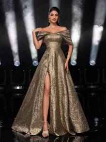 Glamrae 优雅奢华露肩蝴蝶结褶皱提花缎面 A 字高开叉礼服（重型） - 香檳色 - 查看 1