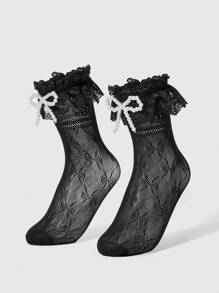 ROMWE Kawaii 1 par de calcetines decorados con lazo y perla lindos
