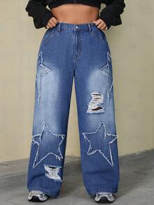 SHEIN EZwear Plus Size Women's Star Patch Ripped Denim Jeans - Blue - View 5
