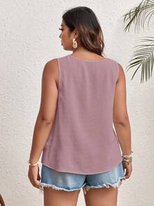 SHEIN VCAY Plus Size Nữ Màu Trơn Đơn Giản Hàng Ngày Có Viền Cổ Áo Không Tay - Bụi hồng - Xem 2