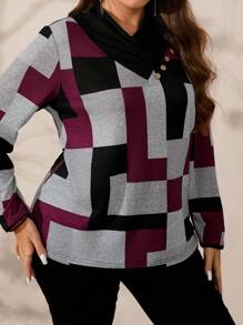EMERY ROSE Plus Size V-Neck Long Sleeve All-Over Print Button Casual Loose Comfortable Fall T-Shirt