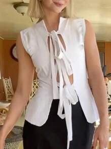 INAWLY Cárdigan sin mangas de unicolor y simple con nudo delantero para mujer