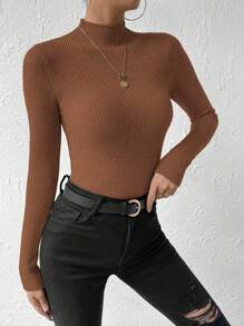 EMERY ROSE Women's Stand Collar Long Sleeve Fitted Solid Casual Pullover Sweater,Long Sleeve Tops Knit Pullover Fall Winter Outfit - Brown - View 4