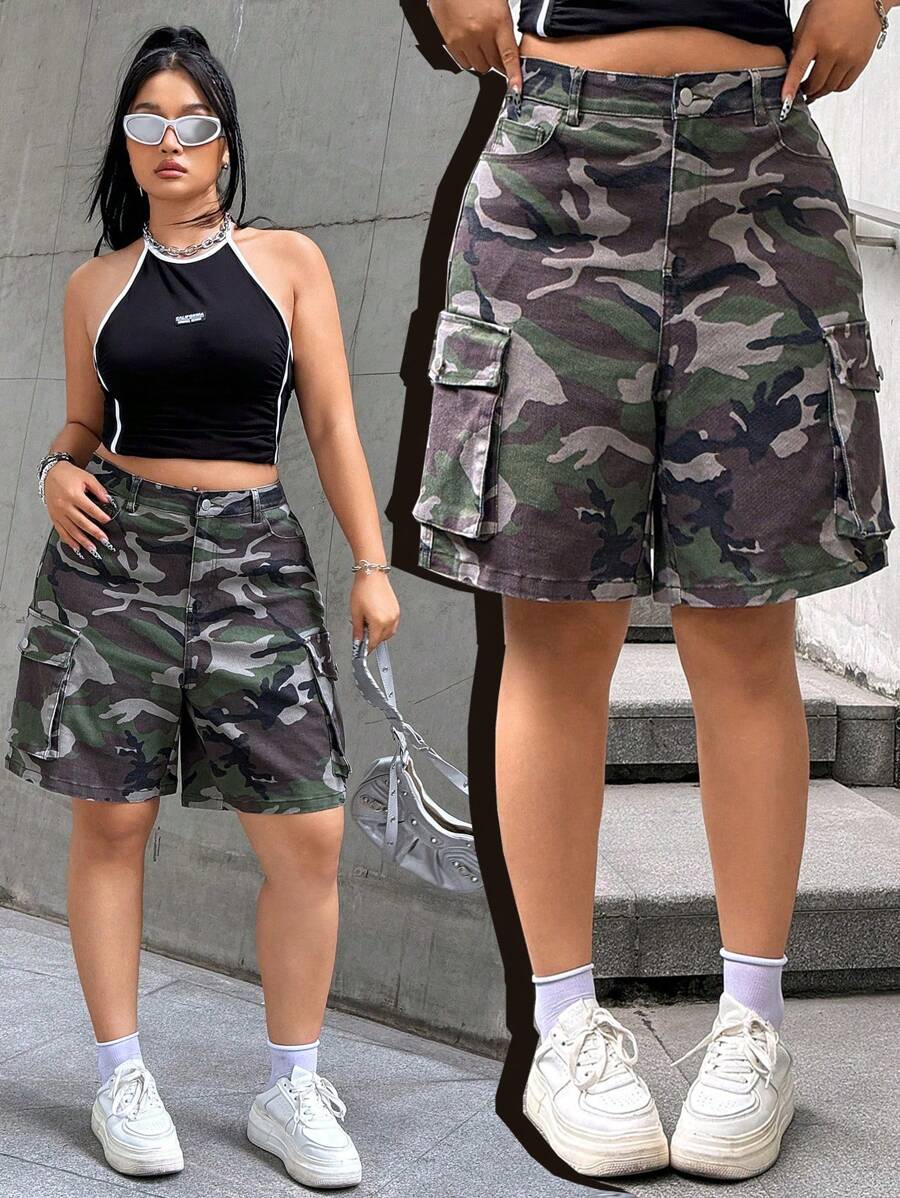 SHEIN ICON 大码女式迷彩印花工装牛仔短裤 - 彩色 - 查看 1