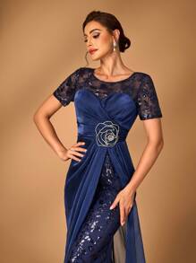 SHEIN Belle 华丽的海军蓝奢华精致闪亮服装剪裁雪纺褶皱抹胸拼接圆领短袖褶皱鱼尾下垂形状短款外套婚礼活动晚会舞会正式妈妈礼服晚礼服，优雅的新娘母亲礼服 - 藏蓝色 - 查看 2