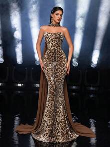 Glamrae Glamrae Elegant Beaded Leopard Print Strapless Chiffon Splice Mermaid Maxi Evening Gown - Coffee Brown - View 3