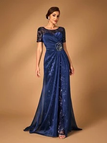 SHEIN Belle 华丽的海军蓝奢华精致闪亮服装剪裁雪纺褶皱抹胸拼接圆领短袖褶皱鱼尾下垂形状短款外套婚礼活动晚会舞会正式妈妈礼服晚礼服，优雅的新娘母亲礼服 - 藏蓝色 - 查看 6