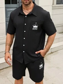 Manfinity Homme 2pcs Men's Button Down Crown Print Short Sleeve Shirt And Drawstring Fashion Shorts Set - Black - View 3
