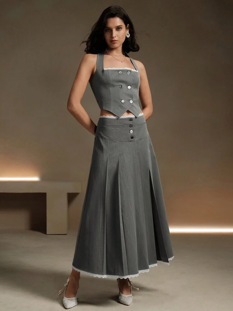 2pcs Women's Halter Neck Backless Lace Camisole And Pleated Skirt Suit