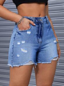 SHEIN EZwear Quần short denim nữ có túi rách viền thường ngày - Rửa trung bình - Xem 6