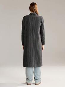 SHEIN Unity 1pc Women Black Striped Lapel Long Coat For Casual Wear & Office, Simple Design, Autumn/Winter Fall Cloth For Women - Black - View 2