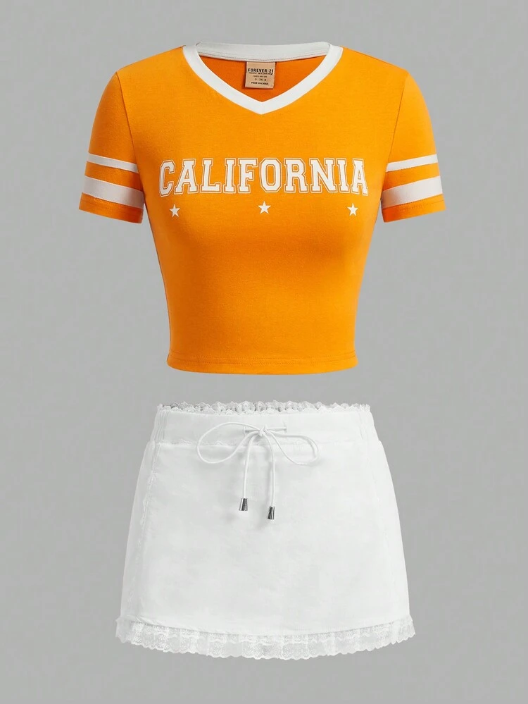 Women's Summer Casual Color Block Letter Printed Cropped T-Shirt With Lace Trimmed Shorts 2pcs Outfits