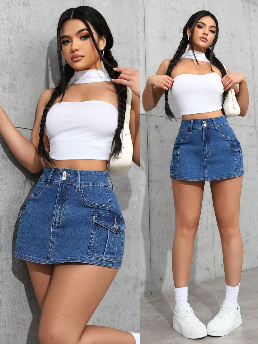 Jeanoix 女士魅力纽扣腰带和口袋设计优雅牛仔短裤 - 中等水洗藍 - 查看 1