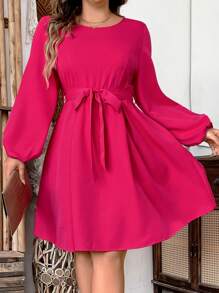 SHEIN Clasi Elegant Short Plus Size Women's Solid Color Round Neck Lantern Sleeve Dress With Pockets, Spring/Summer - Hot Pink - View 8