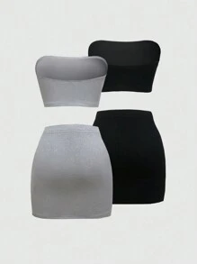 SHEIN Unity Conjunto de 2 Peças com Top Cropped Tubular e Saia Lápis Ajustada Feminina em Cor Sólida