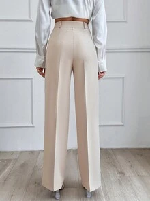 EURMUSE Pantalones de pierna ancha con pliegues frontales para mujer - Beis - Ver 2