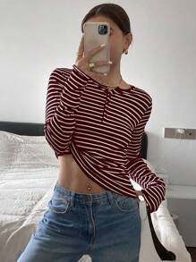 Livesso 女士春夏V领条纹休闲长袖T恤，秋季服装