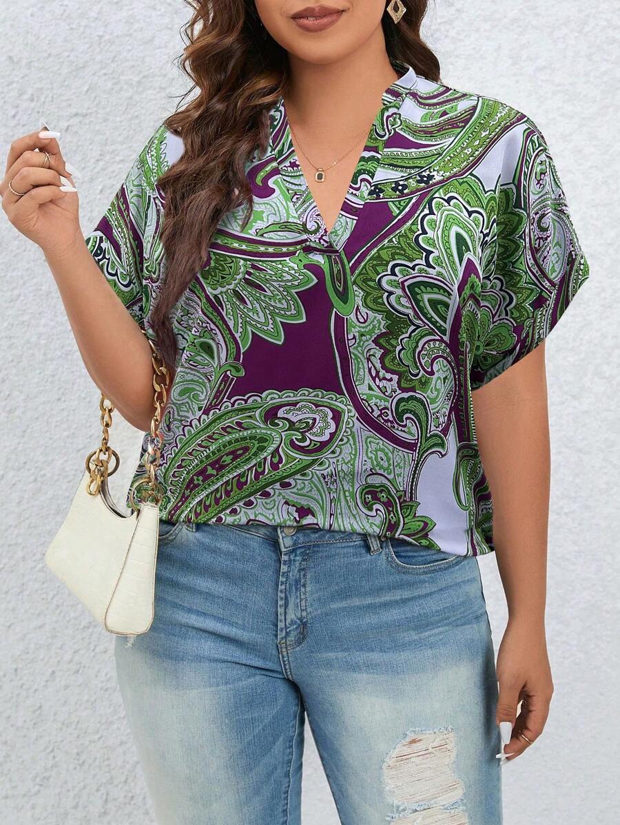 SHEIN LUNE Áo sơ mi tay ngắn cổ chữ V in họa tiết toàn thân cỡ lớn, mùa hè - Nhiều màu - Xem 1