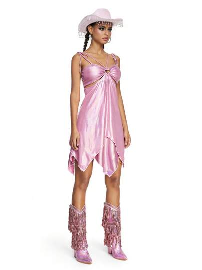 ROMWE Avant Women's Asymmetrical Hemline Hollow Out Sleeveless Spaghetti Strap Summer Dress