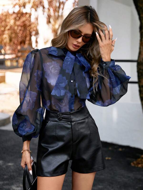 Aveloria Modichic Spring & Summer Elegant Random Floral Print Tie Collar Long Sleeve Blouse Button Up Shirt Women ,Long Sleeve Tops