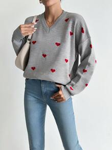 EURMUSE Heart Pattern Drop Shoulder Sweater - Grey - View 3