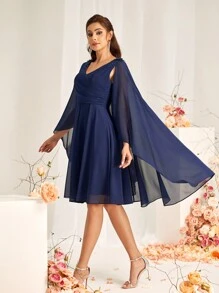 SHEIN Belle Women's Elegant Navy Blue V-Neck Chiffon Dress,Spring Wedding Guest Formal Party Bridesmaid Dresses With Asymmetrical Cape Sleeves,A-Line Applique - Blue - View 6