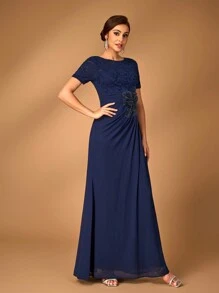 SHEIN Belle Elegant And Noble Navy Blue Sequined Lace Splicing Chiffon Fabric, Mid-Length Sleeves, Gathered, Sequined Pearl Three-Dimensional Appliques, Waist Section, Gathered, A-Line Hem, Wedding Event Occasion, Party, Formal Mother Of The Bride Dress, Evening Dress - Navy Blue - View 5