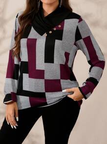 EMERY ROSE Plus Size V-Neck Long Sleeve All-Over Print Button Casual Loose Comfortable Fall T-Shirt