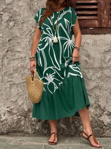 EMERY ROSE 大码全印花圆领荷叶边下摆连衣裙 - 墨綠色 - 查看 7