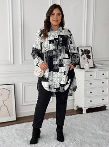 SHEIN LUNE Plus Size Newspaper Floral Print Asymmetric Hem Button-Up Long Sleeve Casual Shirt - Black and White - View 4