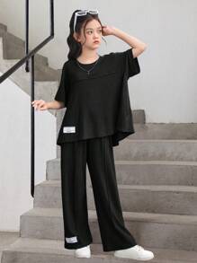 SHEIN Tween Girl Loose Knitted Decor Loose A-Line Short Sleeve T-Shirt And Wide Leg Pants 2-Piece Set - Black - View 3