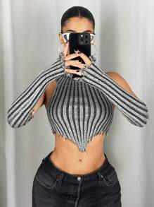 SHEIN ICON Blusa corta de punto de triángulo invertido gris oscuro con bufanda para mujer, estilo Y2K - Gris Oscuro - Ver 4