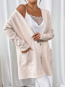 Chiquease Women Spring/Autumn Loose Solid Color Drop Shoulder Long Sleeve Pocket Casual Jacket - Apricot - View 3