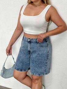 RueChic 100% Cotton Plus Elastic Back Side Snow Wash Denim Short - Light Wash - View 5