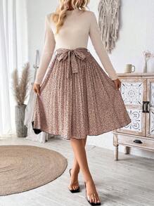 SHEIN Clasi Women's Spring/Summer Leopard Print Pleated Hem Stand Collar Casual Dress With Long Sleeves - Apricot - View 4
