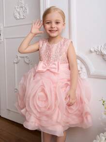 SHEIN Glamorique Kids Girls Princess Sequined Floral Midi Dress For Christmas Party, Wedding And Special Occasion