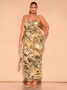 SHEIN BAE Plus Size Autumn Leopard Pattern Mesh Print Asymmetrical Layered Ruffle Deep V-Neck Sweet And Sexy Suspender Long Dress, Suitable For Daily Dates And Vacations