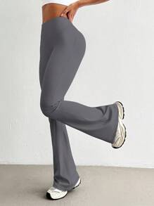 Easithlete 高腰无缝瑜伽裤女式桃臀喇叭修身健身紧身裤 - 灰色 - 查看 6